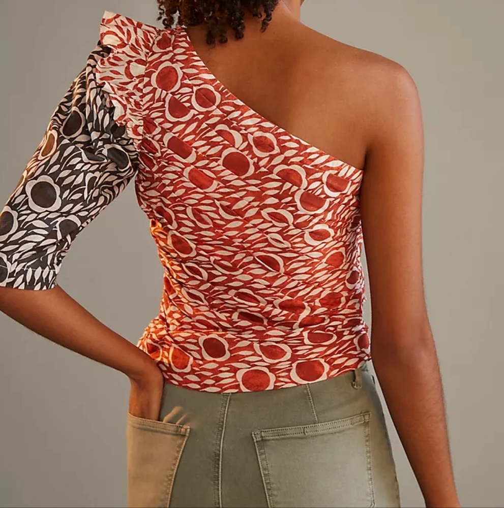 Anthropologie Cecilia Pettersson Printed One-Shoulder Blouse Red Large 14 - Picture 7 of 11